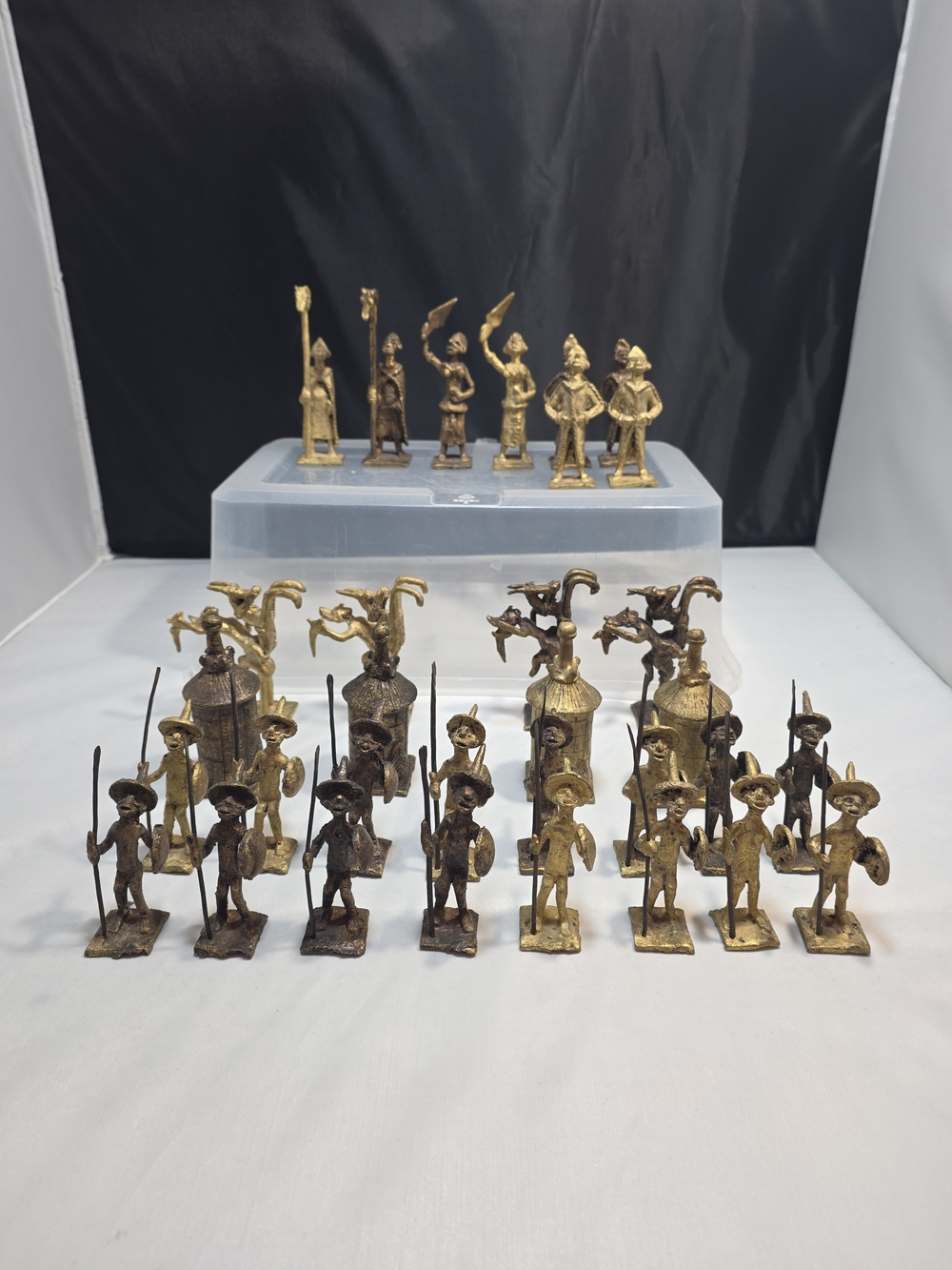 Vintage West African Style Hand Cast Brass Chess Set Complete 32 Pieces (#1)